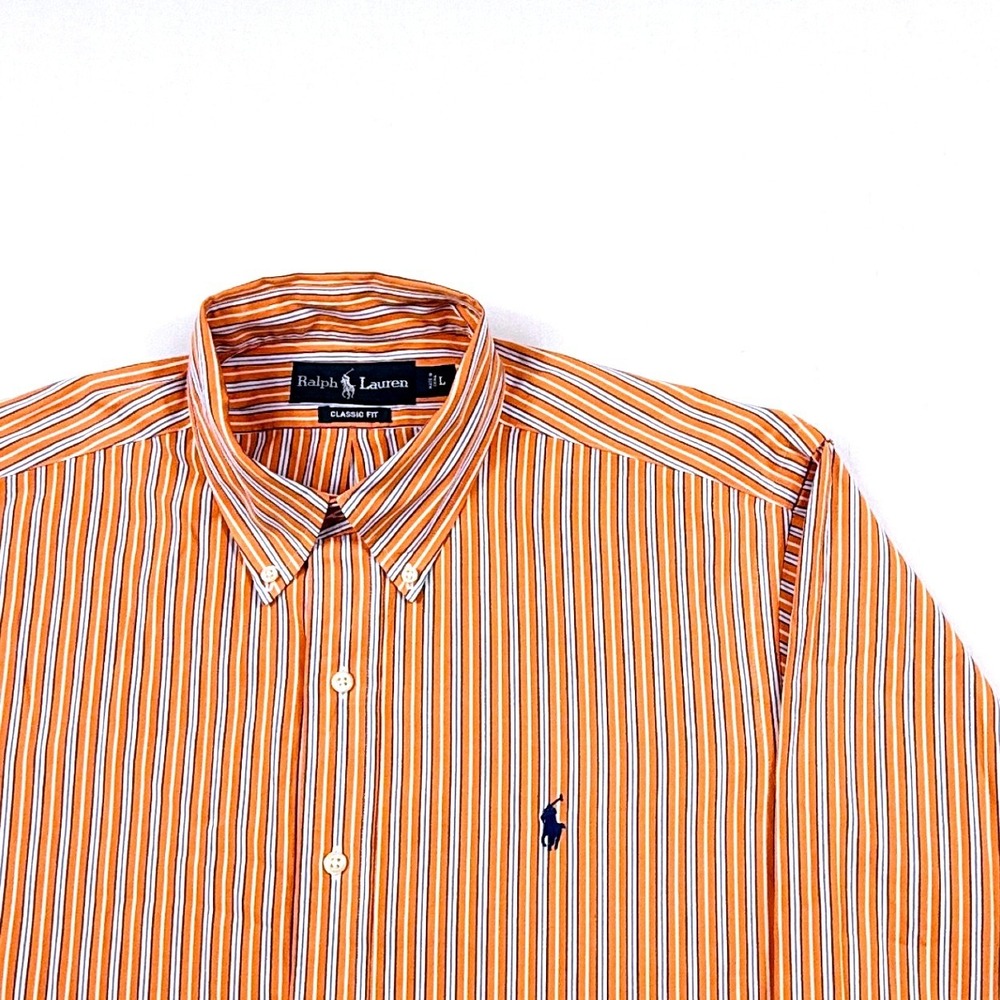 Ralph‎ Lauren Mens Classic Fit Striped Button Down Orange White Blue Size L
